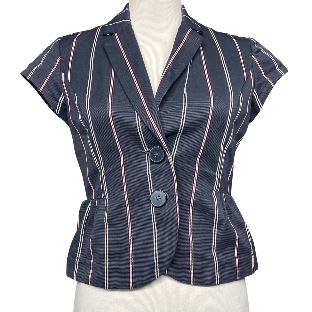 Express Design Studio Blazer Women Size 4 Blue Striped Cap Sleeve Peplum Waist